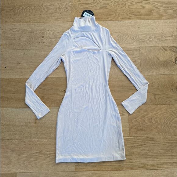 White Fox - Light Up The Skies Long Sleeve Turtle Neck Mini Dress in Stone Beige - Picture 1 of 4